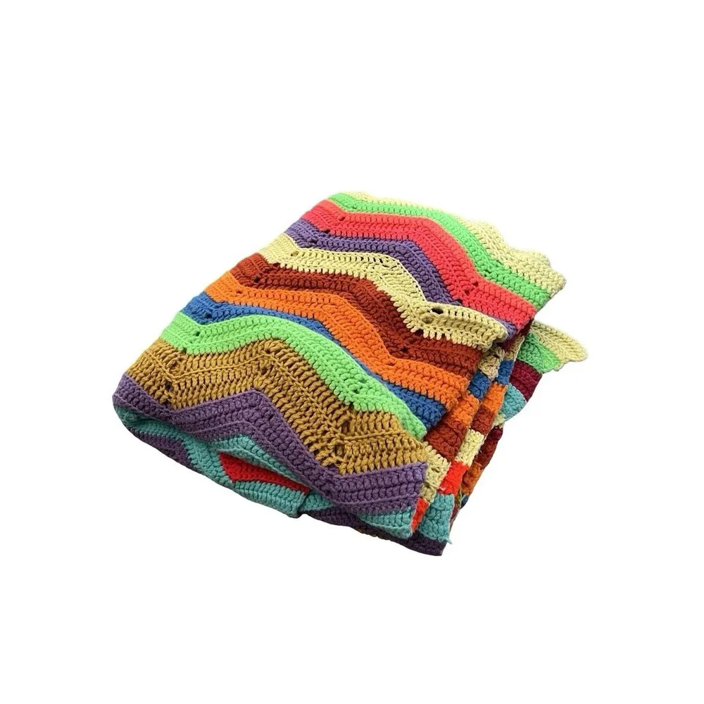 Handmade Crochet Chevron Afghan Blanket Multicolor Rainbow Boho Retro 69x49